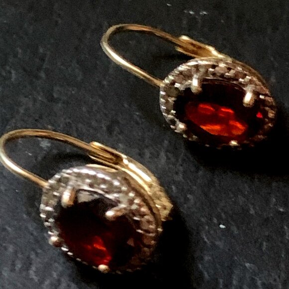 Oval Cut Lab-Created Garnet Drop/Dangle Earrings 14K Gold Plated over Silver - Picture 2 of 5